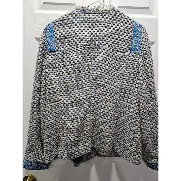 CHICO'S Beige Blue Black Check Tweed Full Zip Fringe Jacket Blazer Size 2 12 - Picture 6 of 10